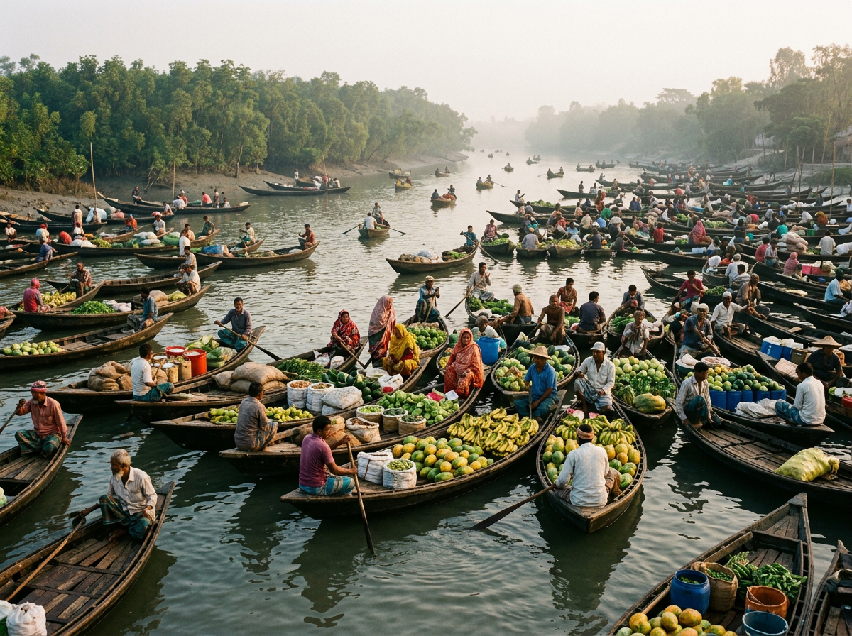 Small wooden boats crowded together at a floating market on a wide river