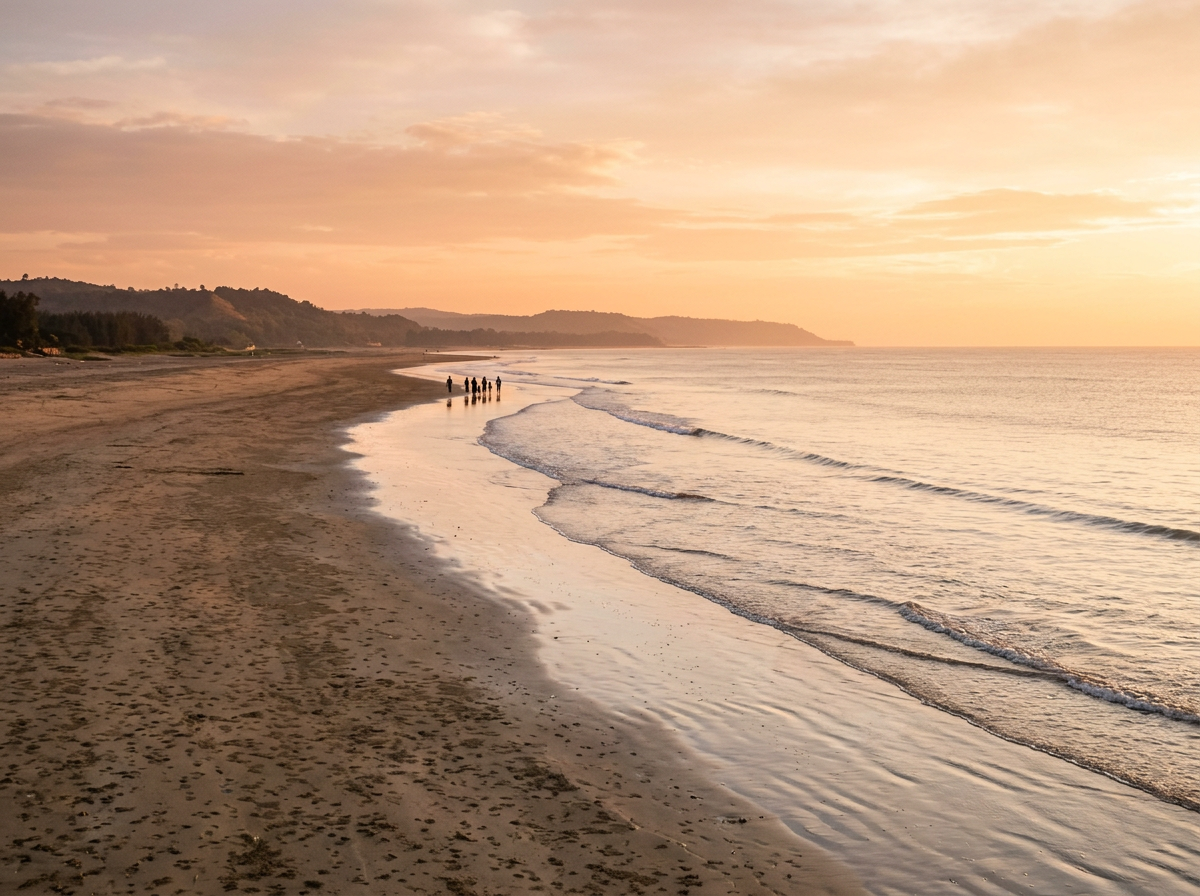 A very long sandy beach with gentle surf at golden hour