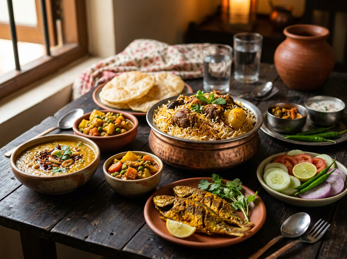 A Bangladeshi meal spread with biryani, curries, fish and salad