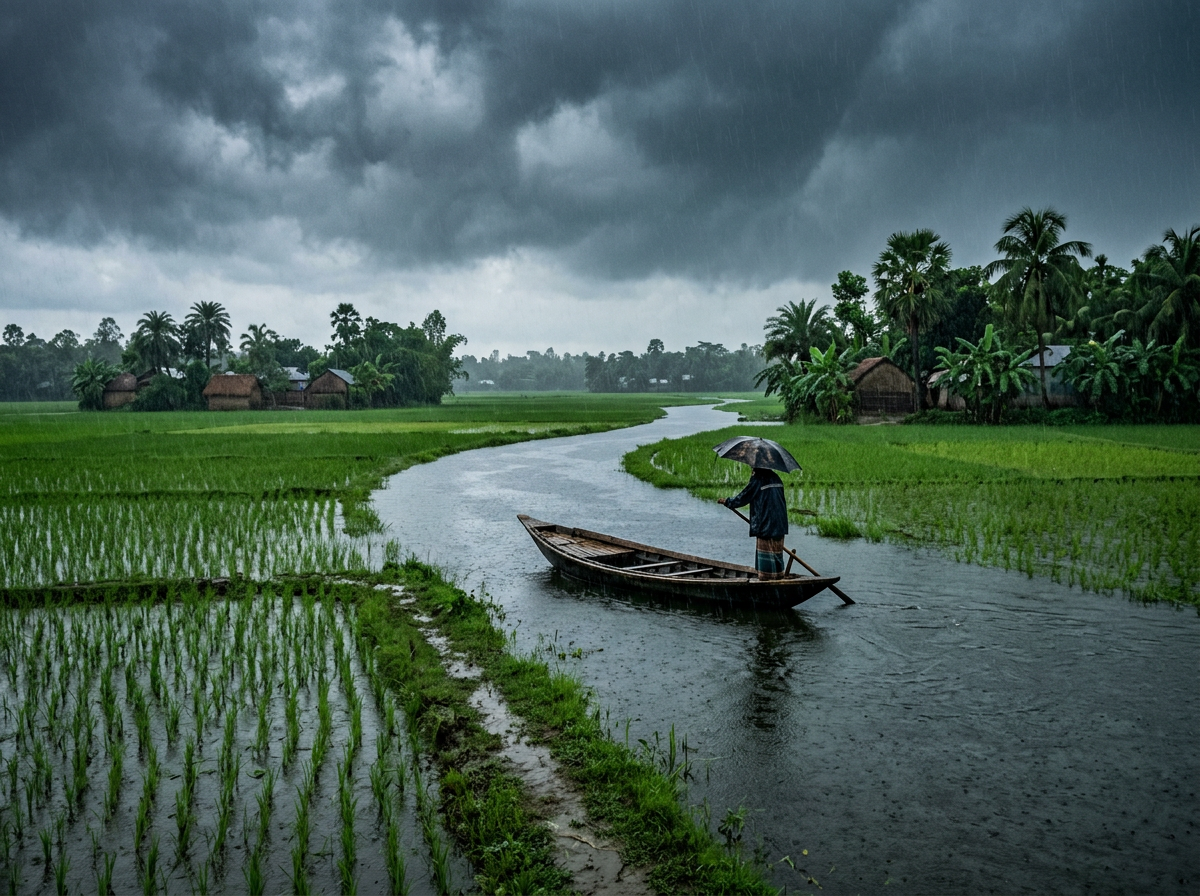 Heavy monsoon rain falling on flooded green paddy fields with a small wooden boat