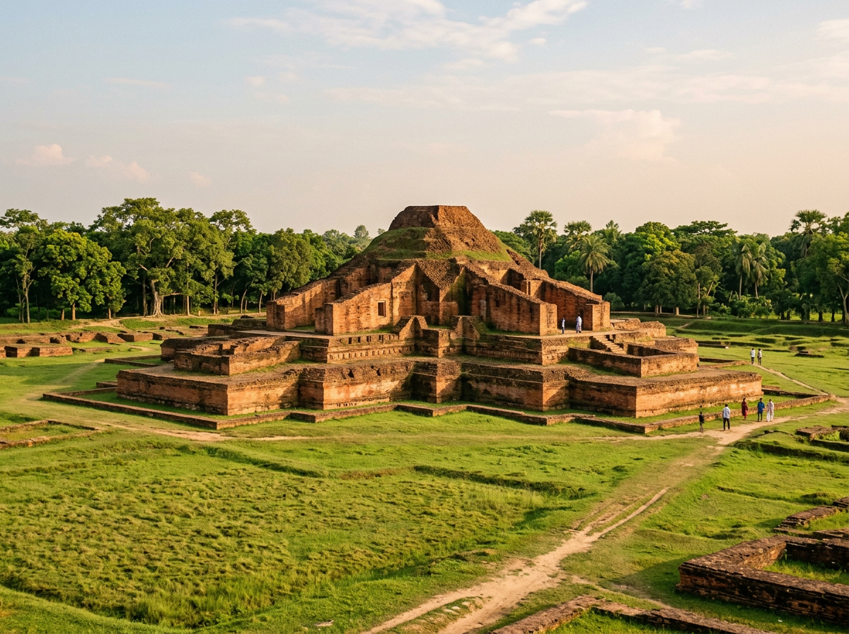 The weathered brick terraces of the ancient Buddhist monastery at Paharpur